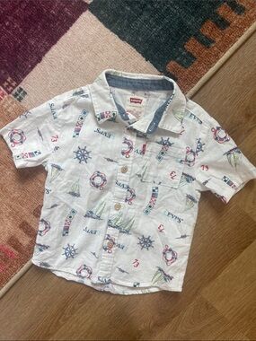 Levi's White Short-Sleeve Nautical Button-Down Shirt with Red & Navy Accents